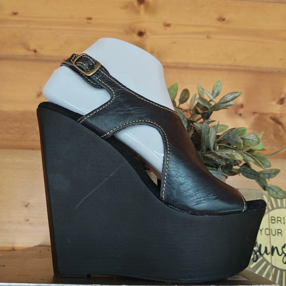 Sbicca Vintage Collection Wooden Wedge Platform Sandals Boho Black Leather Sz 38